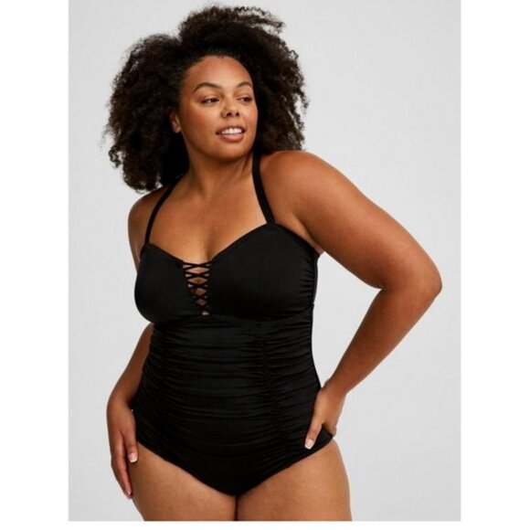 Torrid Wireless Lattice Ruched Black One-Piece Swimsuit 1X - Picture 2 of 14
